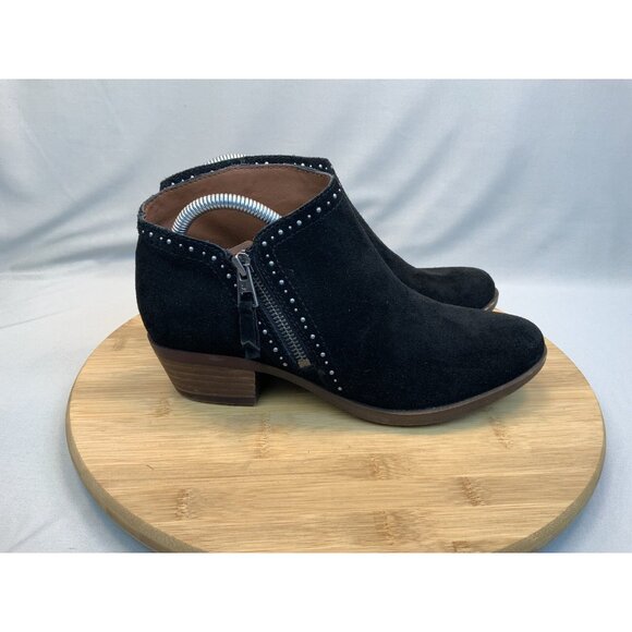 Lucky Brand Heeled Benna Bootie 6.5 Women’s Side Zip Silver Studded Black Suede - Picture 1 of 7